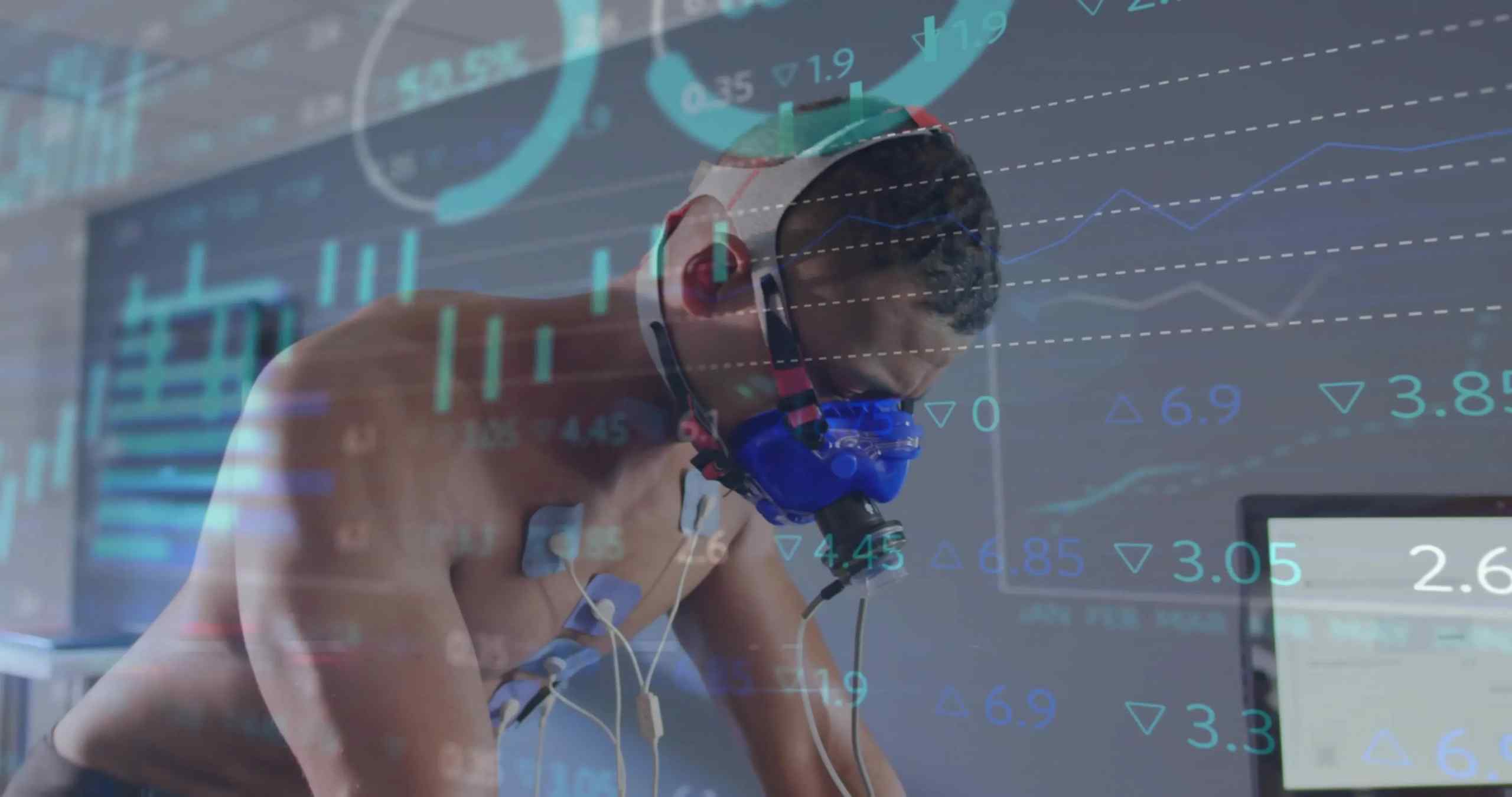 An athlete taking a test with numbers overlaid.